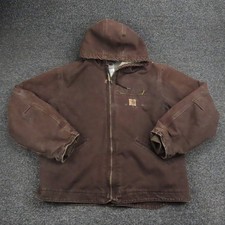 Carhartt Jacket Mens XL Hooded Brown Sherpa Lined Distressed Full Zip J141 DKBRN