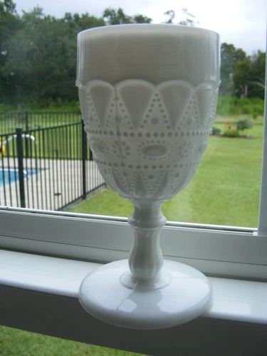 Vintage Kemple Milk Glass Water Goblet Wine Lace & Dewdrop PRISTINE Marked EAPG