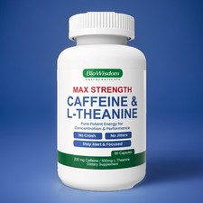 USA Made Max Strength Caffeine L-Theanine No Jitters Concentration Supplement