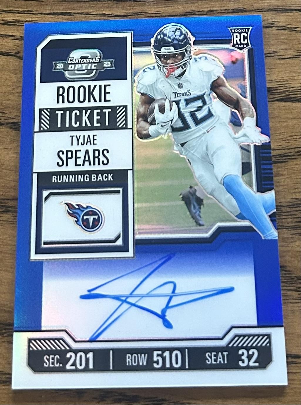 2023 Panini Contenders Optic #138 Tyjae Spears Rookie Ticket Blue Auto #/75