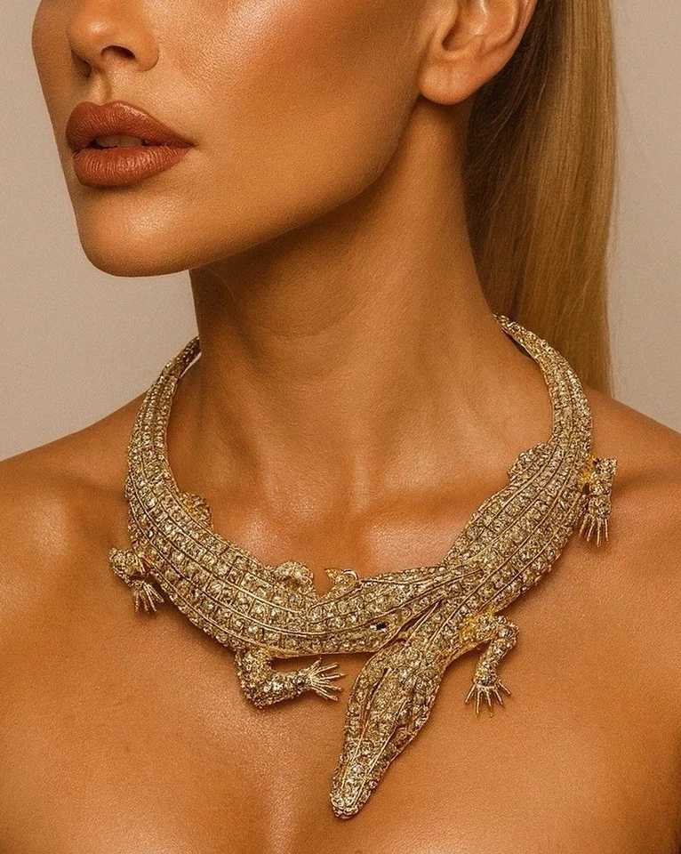 Crocodile Alligator Necklace Gothic Chunky Gold Statement Museum Art VTG CZ - Image 2 of 4