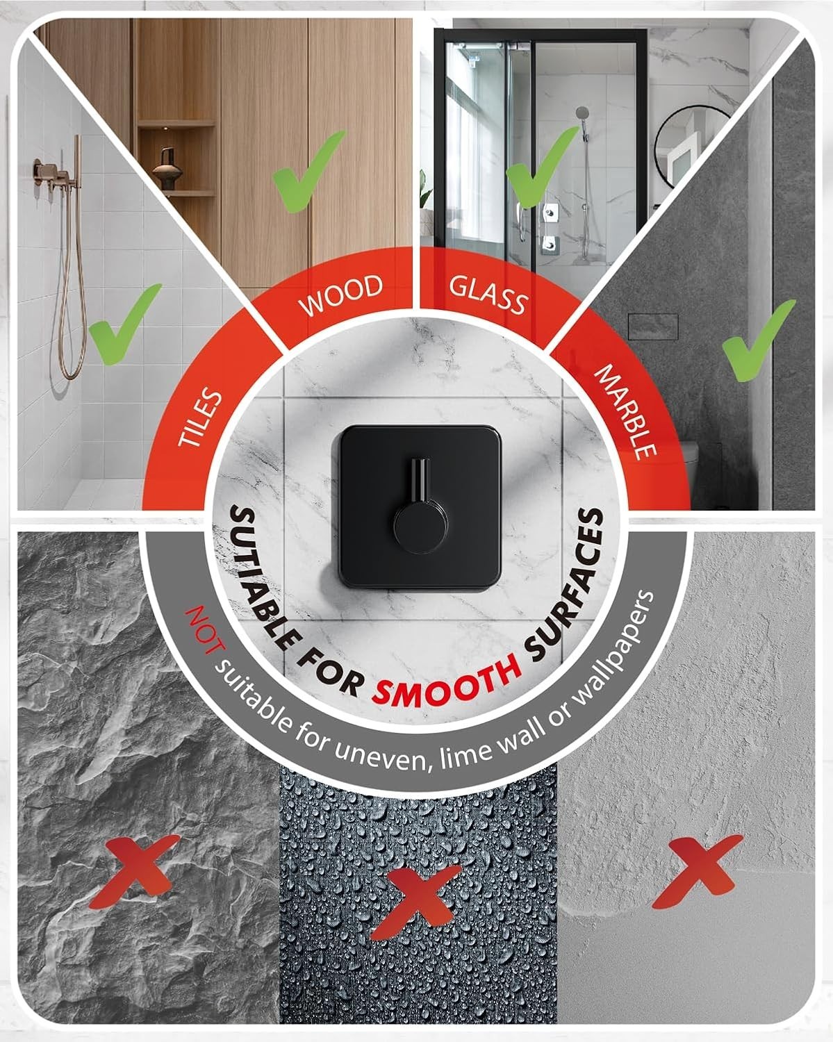 Heavy Duty 5 Pack Adhesive Hooks - 30lbs Max Capacity, Rustproof Stainless Steel