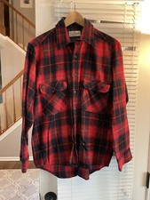 Vintage Sears Roebuck Acrylic Shirt Red Navy Plaid Pockets Single Needle Size M