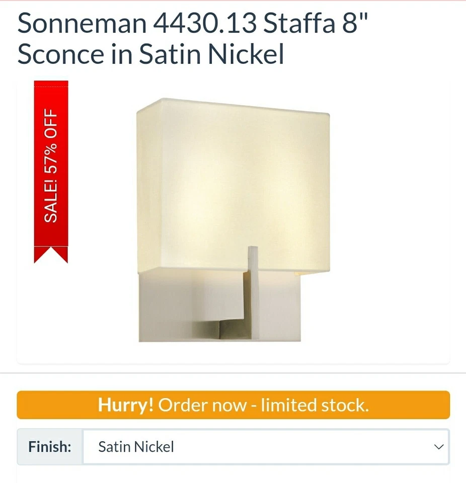 Sonneman 2 光 Staffa 8 英寸丝缎镍壁灯 - 4430-13 — 第 2/3 张图片