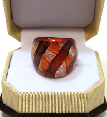 Chunky Amber Orange Loose Plaid Silver Foil Hand Blown Glass Bling Ring Sz 8.5