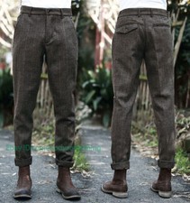 Mens Tweed Trousers Vintage Herringbone Checks Casual Slim Fit Pants Trousers