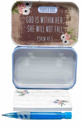 CAJA DE ORACIÓN con Mini Bloc de Notas y Lápiz Azul Diseño Salmos 46:5 Country Roses - Imagen 2 de 6