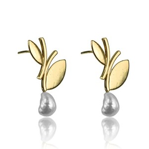 Authentic Natural Freshwater Pearl Tree Leaf Design Gold Plated Push Back Dangle Earrings