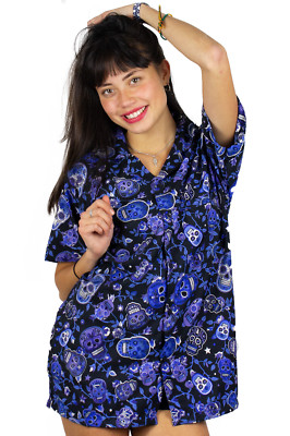 Funky Hawaiibluse Skull Blau verschiedene Größen Hawaiishirt Unisex