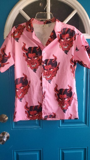 Pink Devil Demon Head Print Buttoned Short Sleeve Shirt Medium