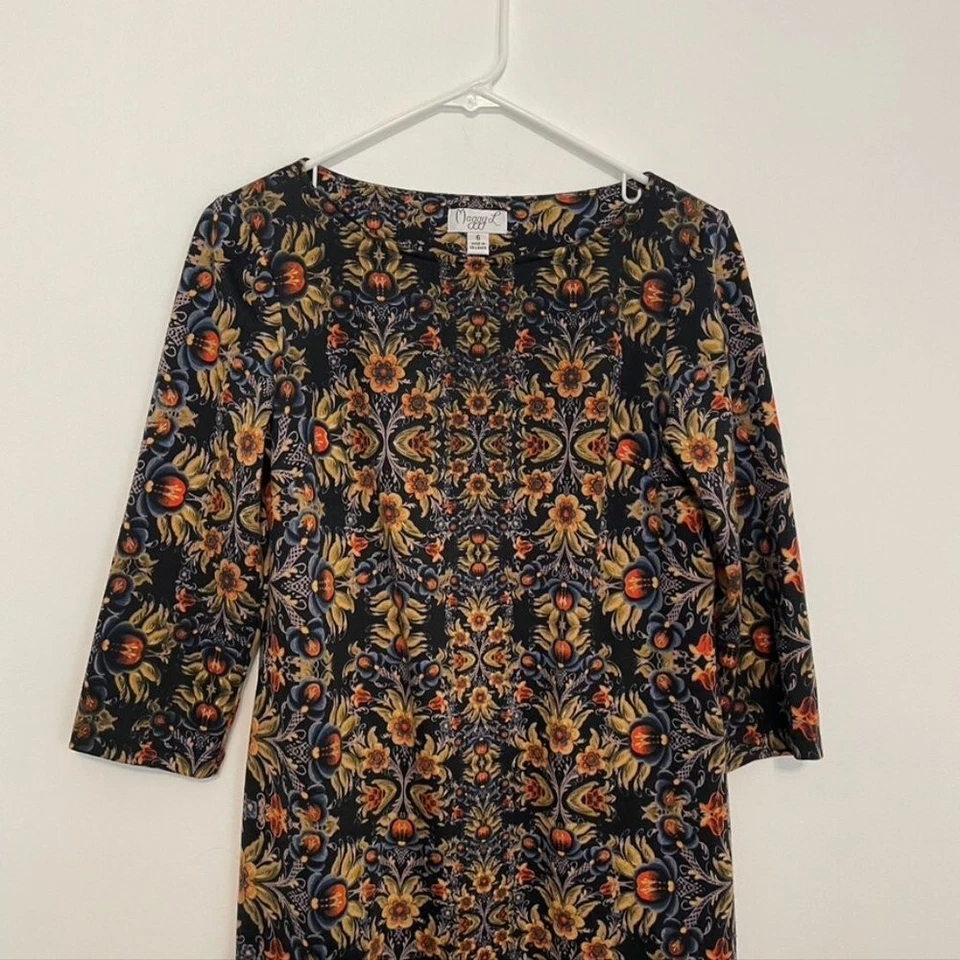 MAGGY LONDON Black Mustard Blue Retro Geometric Floral 3/4 Sleeve Shift Dress 6 - Image 2 of 4