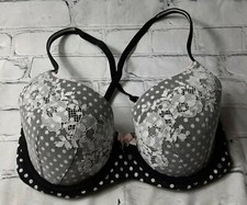 Body By Victoria Secret 32DD Lined Demi Black Floral Lace Polka Dot Wire Bra