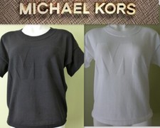 MICHAEL KORS Short Sleeve MK Logo knit boxy cut Sweater Top XS/M/L White Black