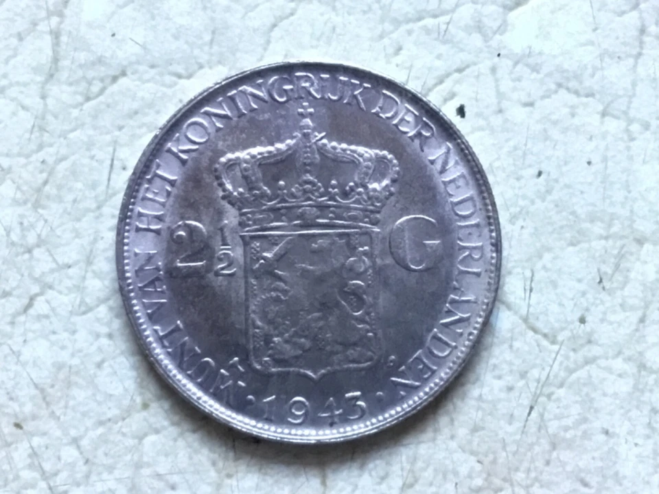 WW2 1943 NETHERLANDS Kingdom QUEEN WILHELMINA Old Silver 2 1/2 Gulden Coin - Image 4 of 4