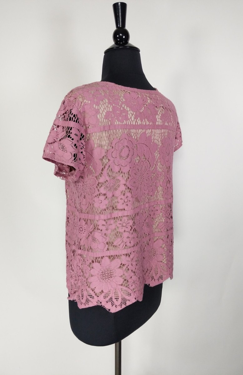 Express Pink Lace Nude Lined Short Sleeve Keyhole Neck Top Size M