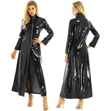 Women's Shiny Metallic Leather Turtleneck Trench Coat Long Jacket