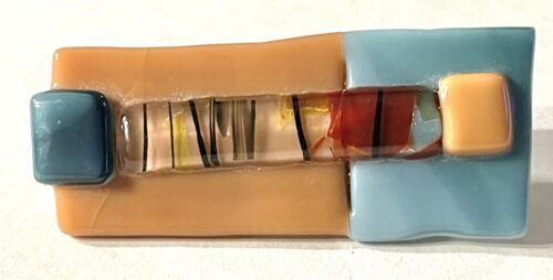 Vtg Fused Lucite Hair Clip Barrette Geometric Blue Peach Handmade Disco 2.25”