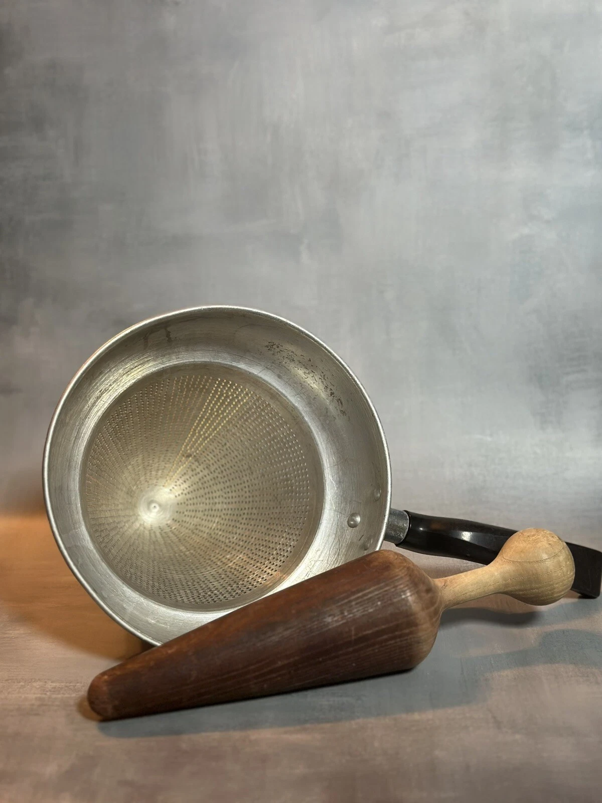 Vintage Aluminum Cone Strainer Colander / Sieve With Wooden Pestle