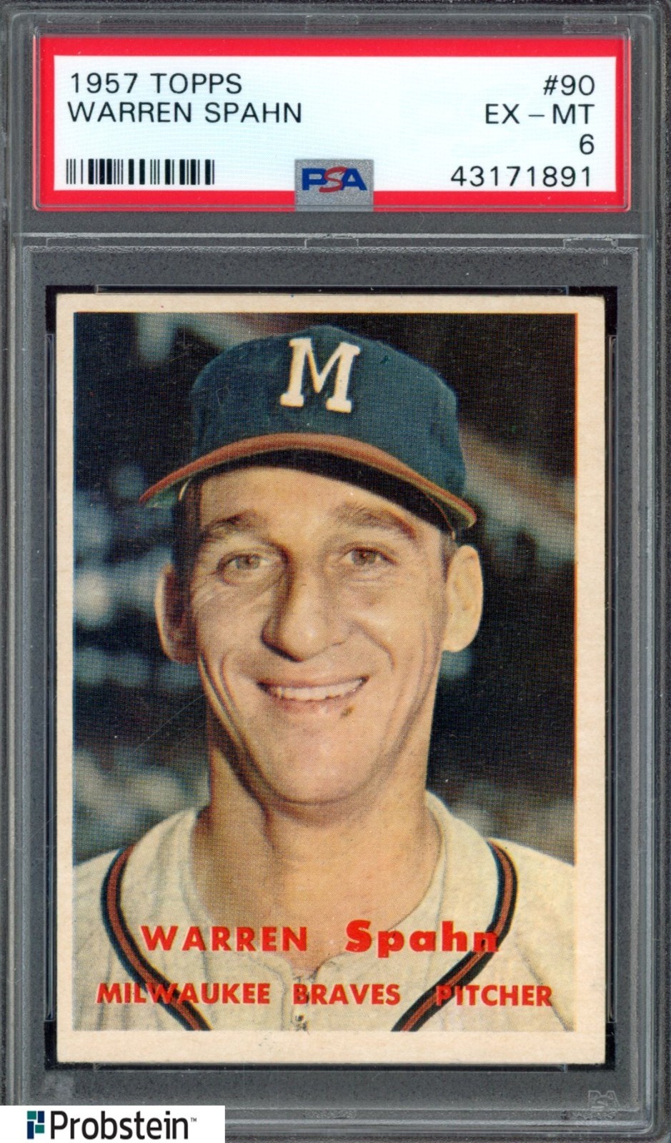 1957 Topps #90 Warren Spahn VTG Baseball Card HOF Braves PSA 6