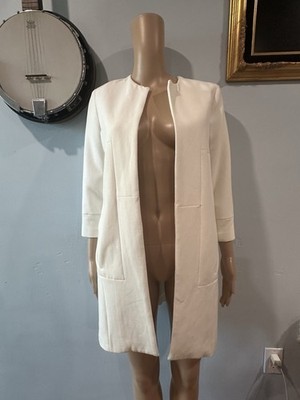 ZARA BASIC Ivory Collarless Open Front Mid-Length Jacket Women's XS