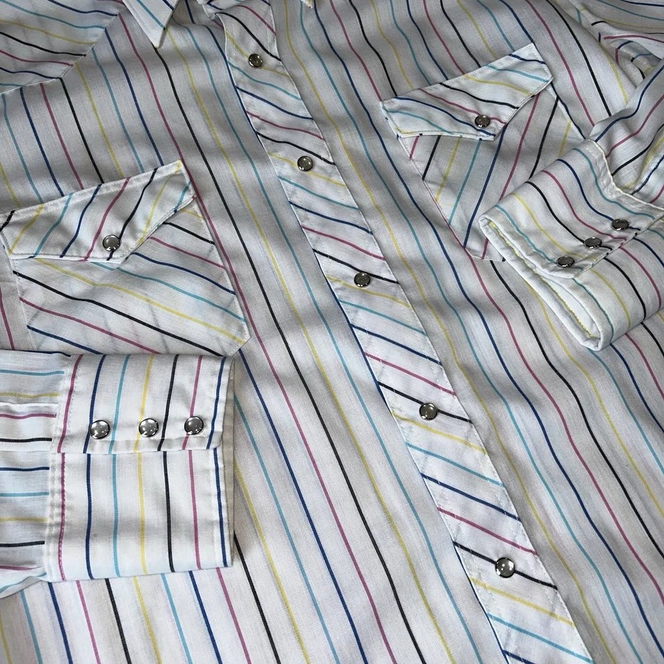 Vintage Wrangler Brushpopper Pearl Snap Striped Shirt Long Sleeve Men’s 16.5-35 - Image 2 of 4