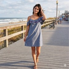 Express Linen Denim Of The Shoulders Coquette Dress Cottagecore Floral Sz M NWT