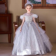 Girls Kids Show Long dress Feather Bling Ball Mermaid Gown Princess Frock 1321