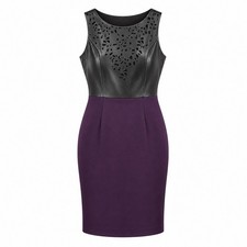 NUE by Shani Dress 8 Purple Black Faux Leather Laser Cut Sheath Cocktail Goth