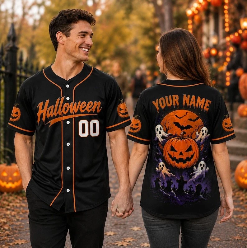 Halloween Pumpkin Graveyard Baseball Jersey Button Down Spooky Ghost Team Shirt