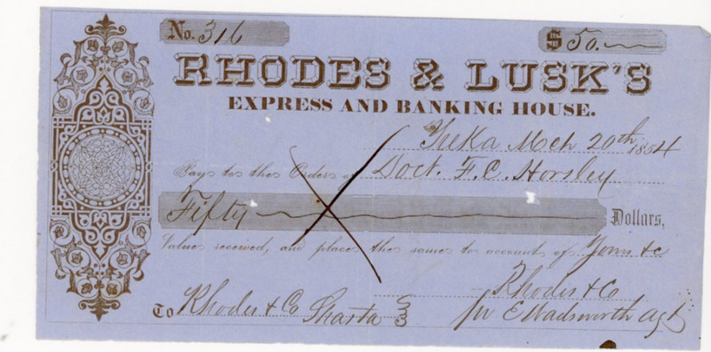 1854. Yreka, California .  Rhodes & Lusk's Express & Banking
