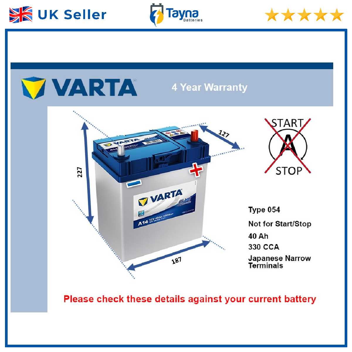 Car Battery A14 Varta 054 330A 40Ah 4Yr Warranty 187x127x227 Blue Dynamic