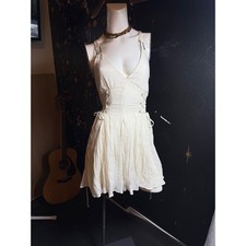 Forever 21 Cream Crinkle Lace Up Side Corset Mini Dress Womens Medium Boho Vneck