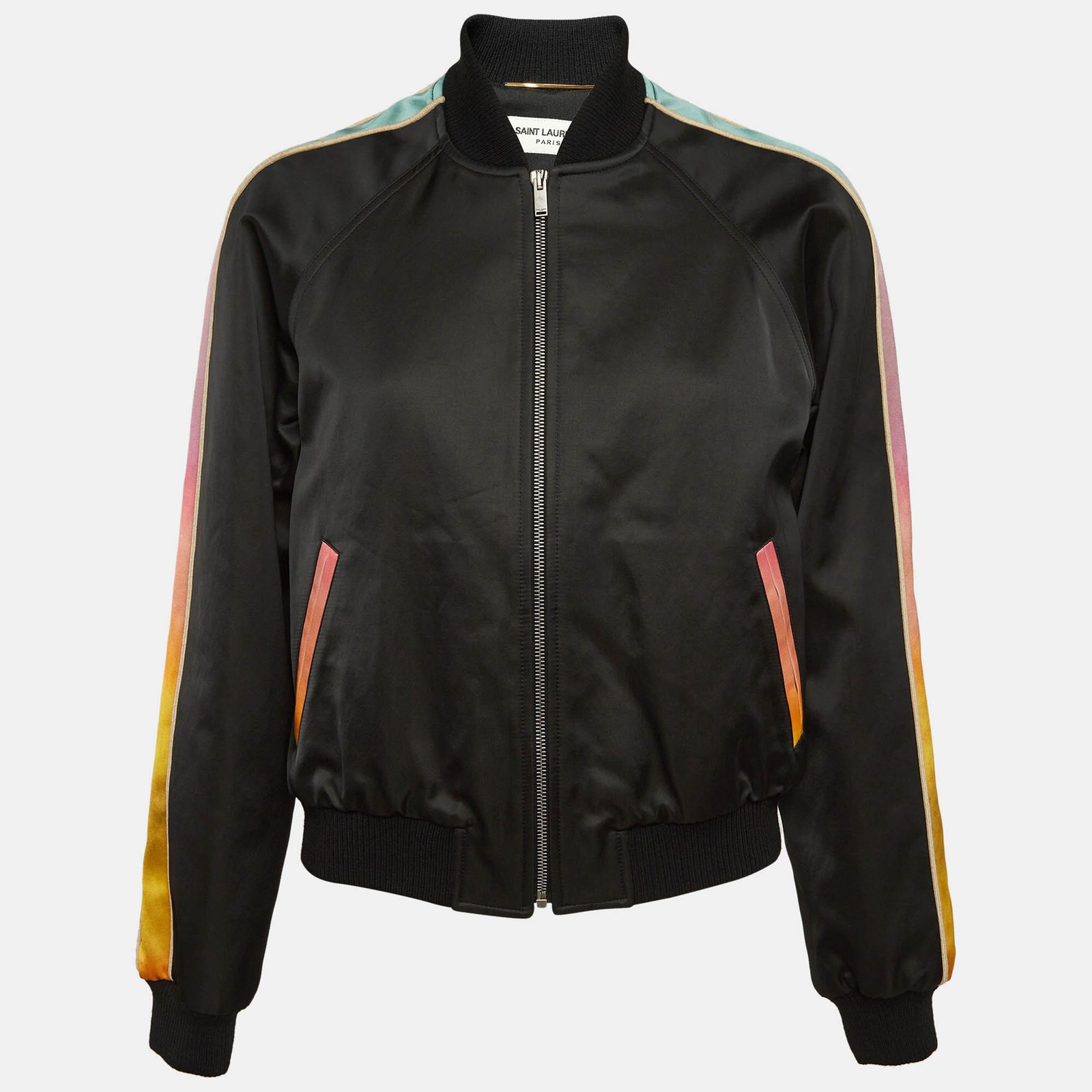 Giacca Bomber Saint Laurent Nero Misto Cotone Righe Arcobaleno M