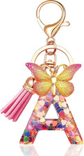 Initial letter Keychains for Women Tassel Butterfly Pink Purple Cute Car Keychai