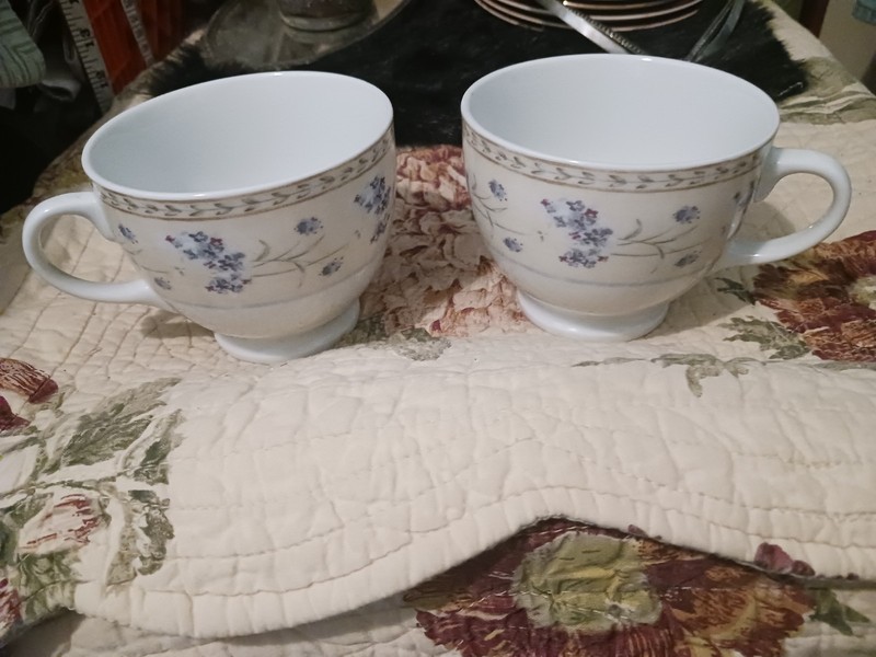 Heritage Mint Enchanted Laurel Garden Tea Cup Mug Blue Rim  Footed  Set Of 2