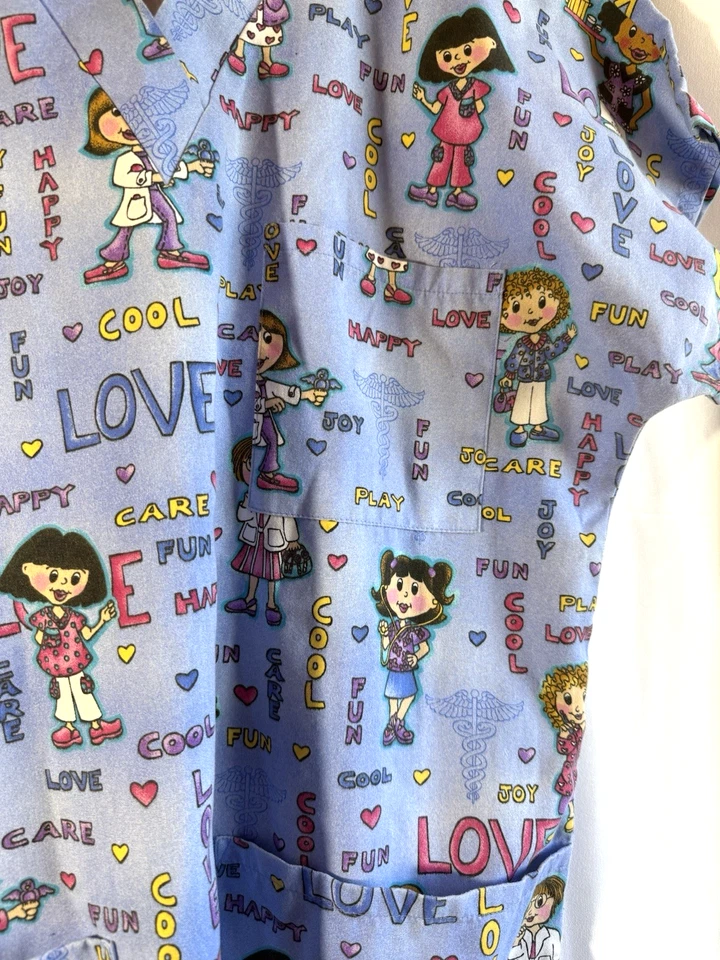 Children Love Care Happy Hospital Nurse Scrub Top Size Large - Image 3 of 4