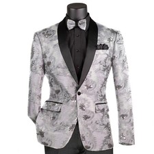 VINCI Men's Silver Paisley Embroidered Slim Blazer w/ Bow Tie - NEW