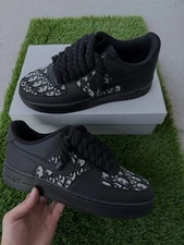 Black Air Force 1 Custom Designer D-I-O-R Print With Black Rope Laces All Sizes