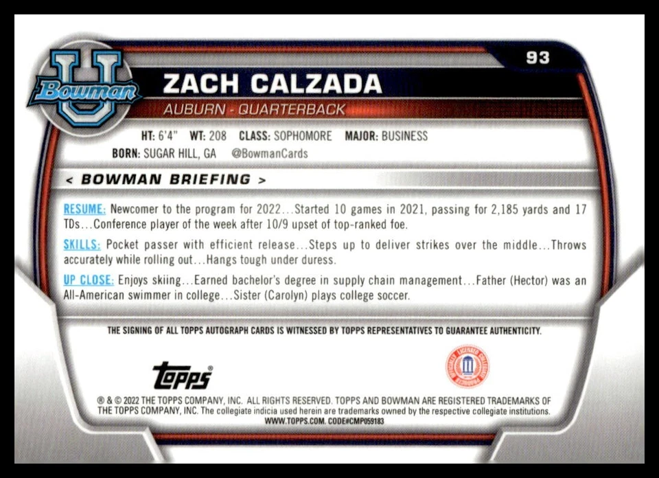 2022 Bowman University 1st Bowman Auto #93 Zach Calzada - Image 2 of 2