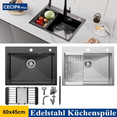 60x45CM Edelstahl Einbauspüle Küchenspüle Spülbecken Mit Siphon Ablaufgarnitur