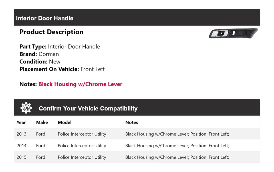 Para 2013-2015 Ford Police Interceptor Utility Dorman maçaneta interna 2014 - Imagem 2 de 4