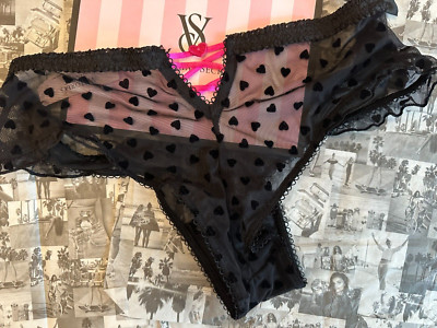 VICTORIA'S SECRET TEASE MESH VELVET HEART RUFFLE BLACK LACE UP CHEEKY PANTY  S