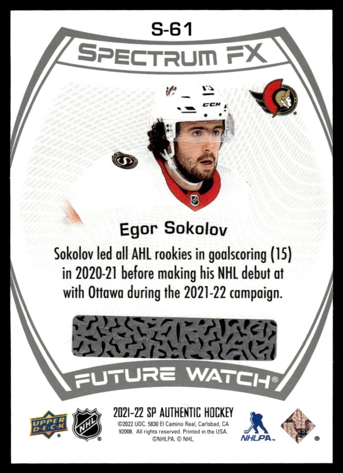 2021-22 SP Authentic Spectrum FX Egor Sokolov Ottawa Senators #S-61 - Image 2 of 2