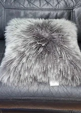 MON CHATEAU LUXURY GRAY TIBETAN LAMB FUR THROW PILLOW 18”x18”