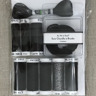 Black Noir Silk Thread Assortment by Access Commodities Au Ver a Soie embroidery