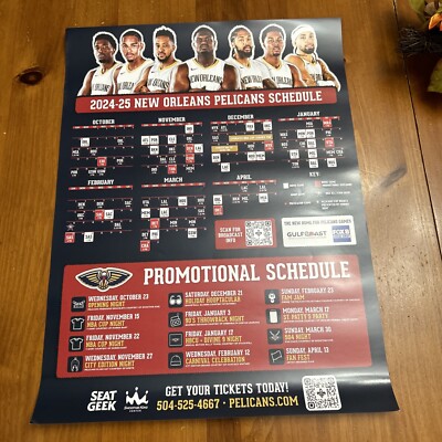 New Orleans Pelicans Poster 2024-2025 NBA Schedule 18 X 24 Zion
