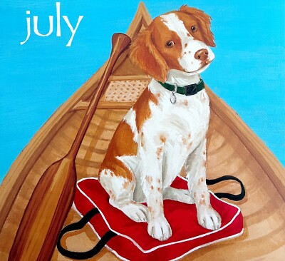 Brittany Spaniel Canoe July Dog Days Poster Calendar 14 x 11'' Art Leigh DWDDCal