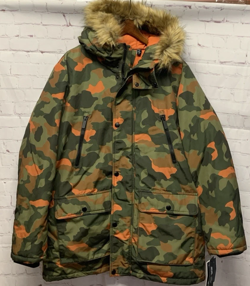 Club Room Macy's Large Parka Coat Faux Fur Hooded Camouflage NEW Water Resistant