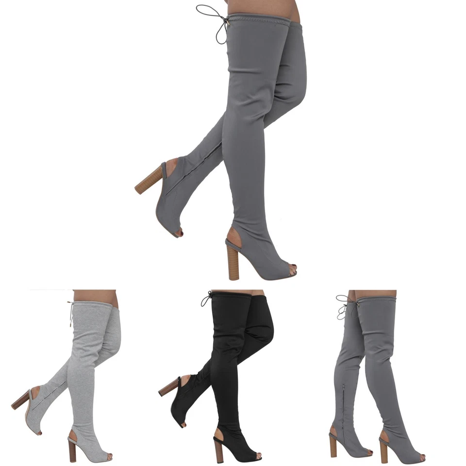 SWEET SUEDE LADIES WOMENS THIGH HIGH KNIT STRETCH OVER THE KNEE CELEB BLOCK HEELS BOOTS SHOE