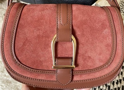Rose Suede + Tan Leather Crossbody Purse Horsebit Saddle Bag by Talbots NWOT